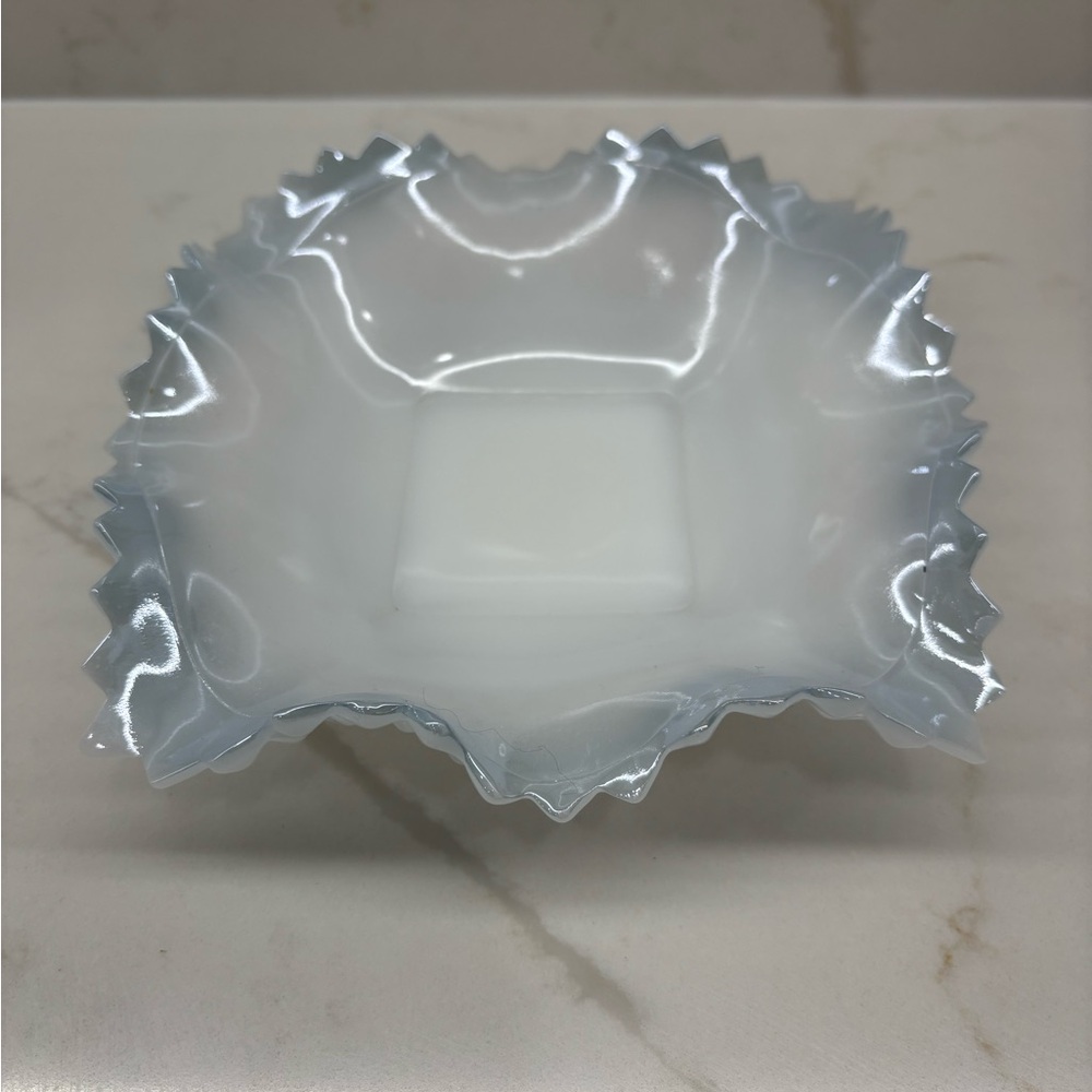 Vintage Blue Ruffled Edge Milk Glass Trinket Candy Dish Dresser Catchall